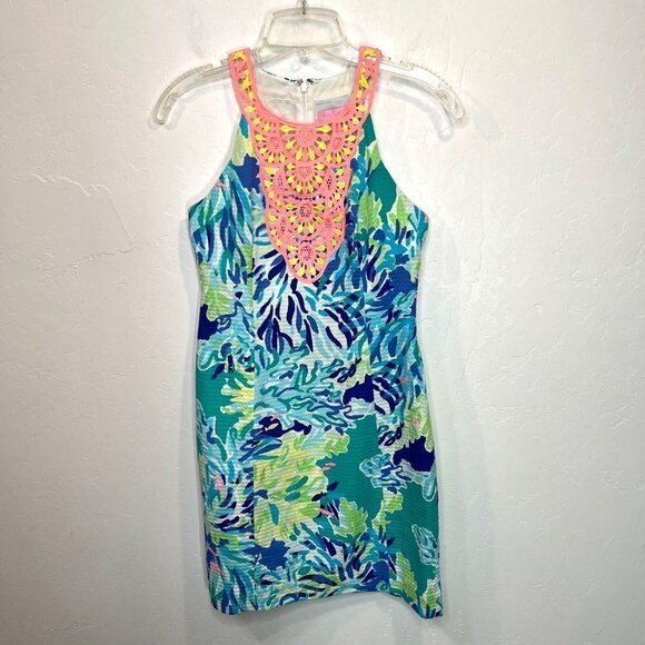 Lilly Pulitzer Pearl Shift Dress Blue Floral Size 00 Embroidered Halter Neckline - Picture 3 of 9